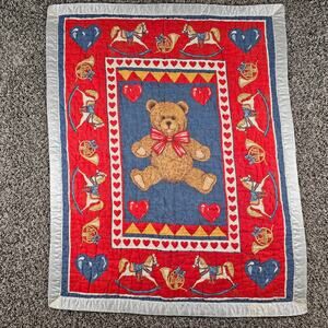 Vintage 80s 90s Teddy Bear and Hearts Quilted Fabric Crib Blanket Satin Trim